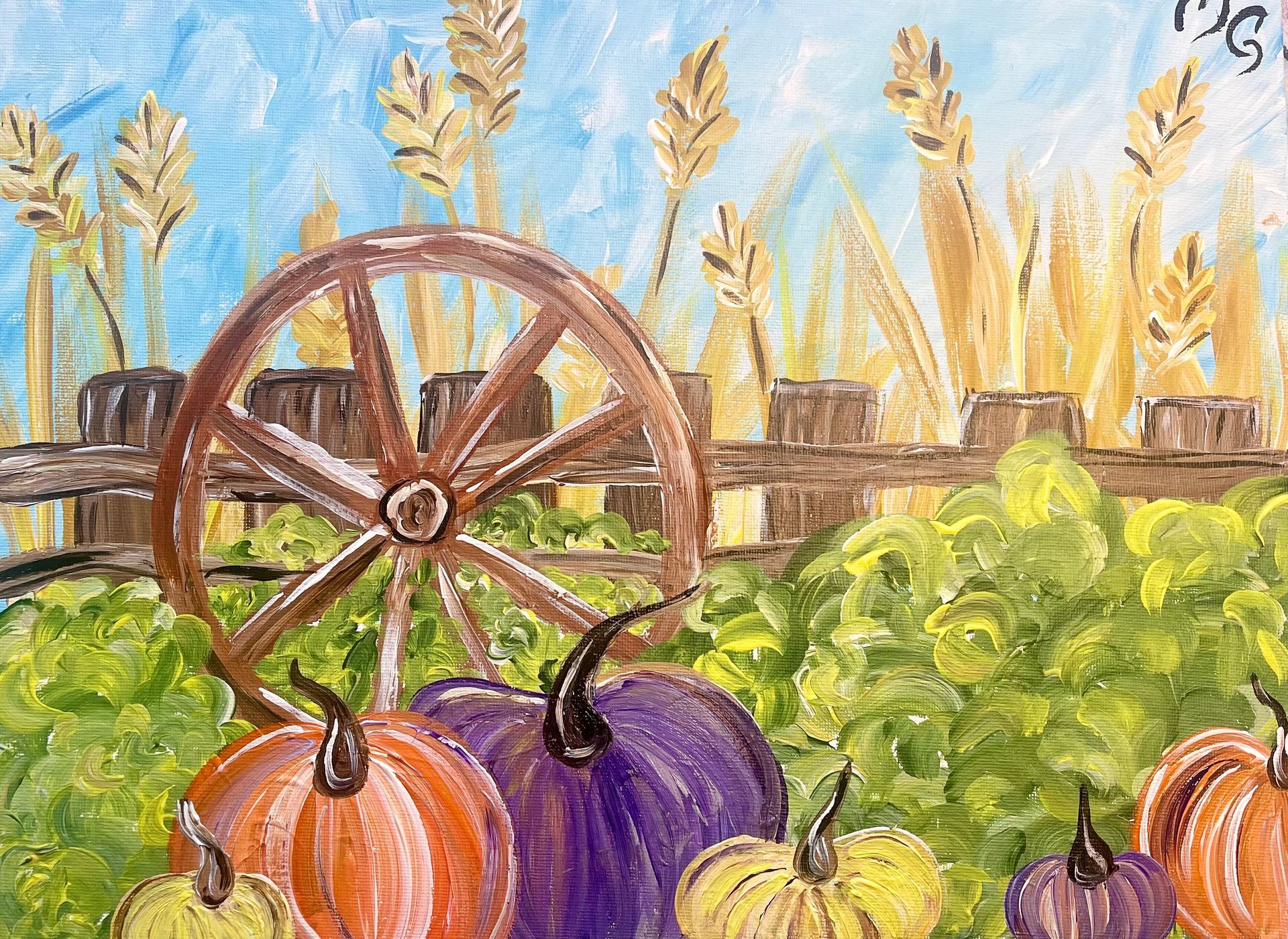 A painting of pumpkins and a wagon wheel in a field.