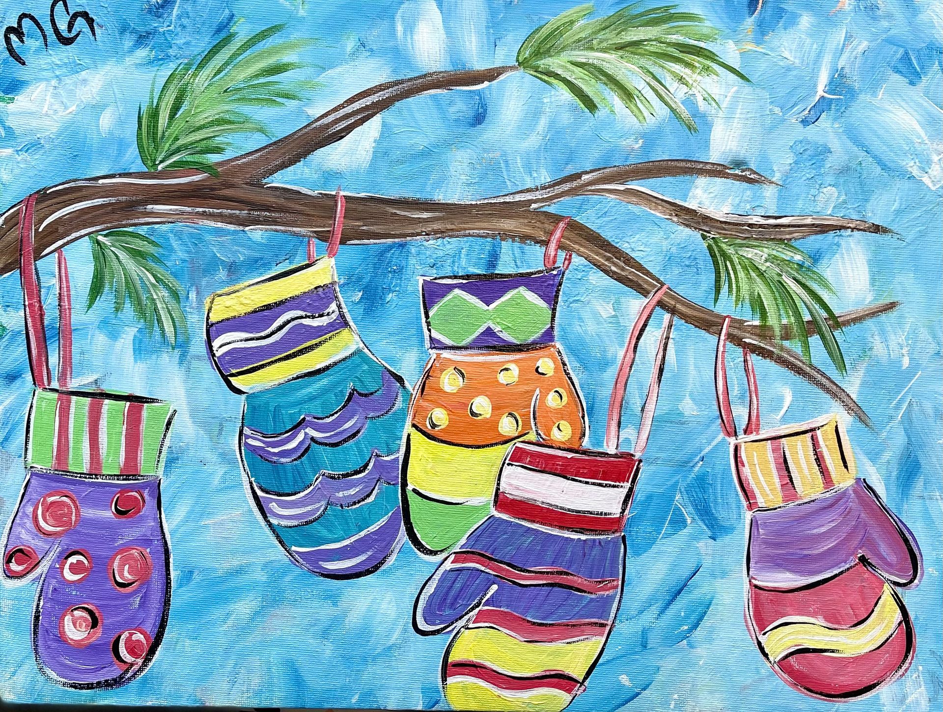 A painting of colorful mittens hanging from a tree branch.