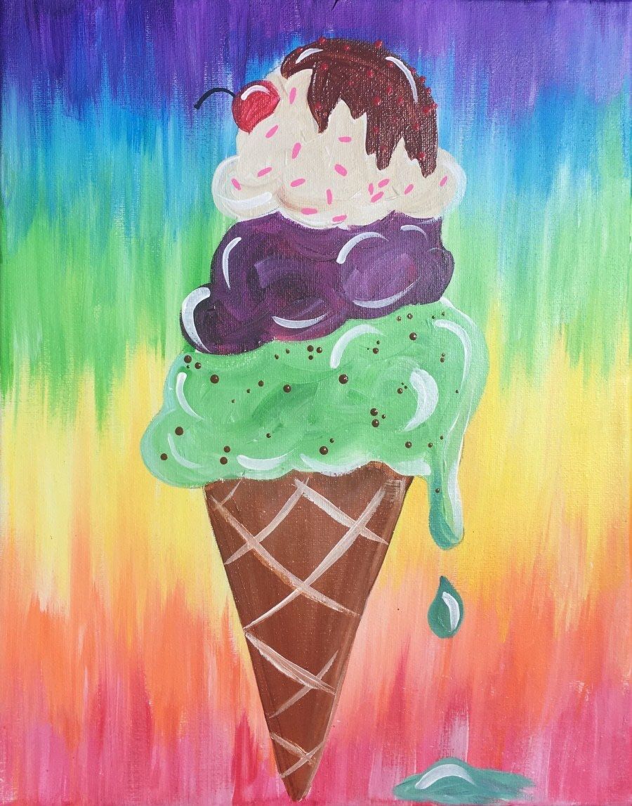 A painting of an ice cream cone with a cherry on top.
