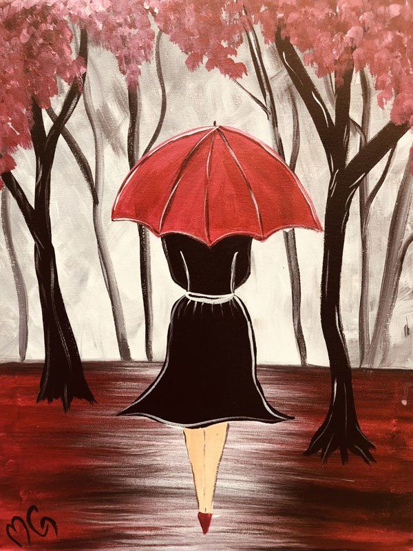 A woman in a black dress is holding a red umbrella in the rain.