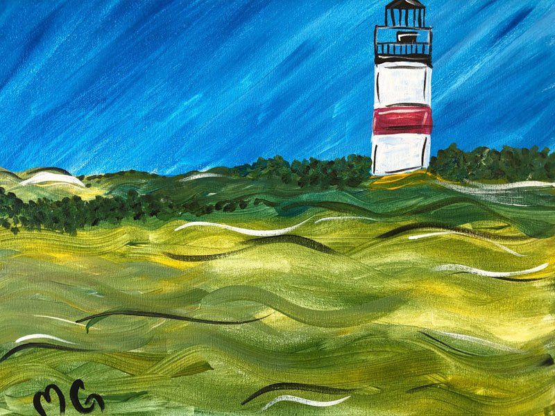 It is a painting of a lighthouse in the middle of a field.