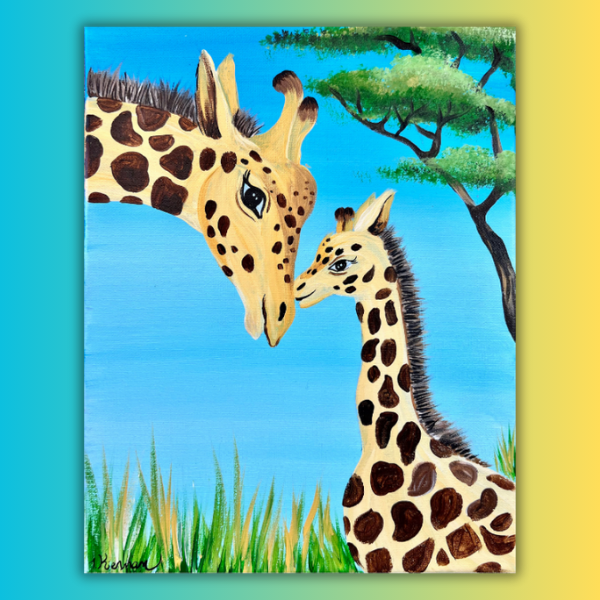 Painting of mother and baby giraffe