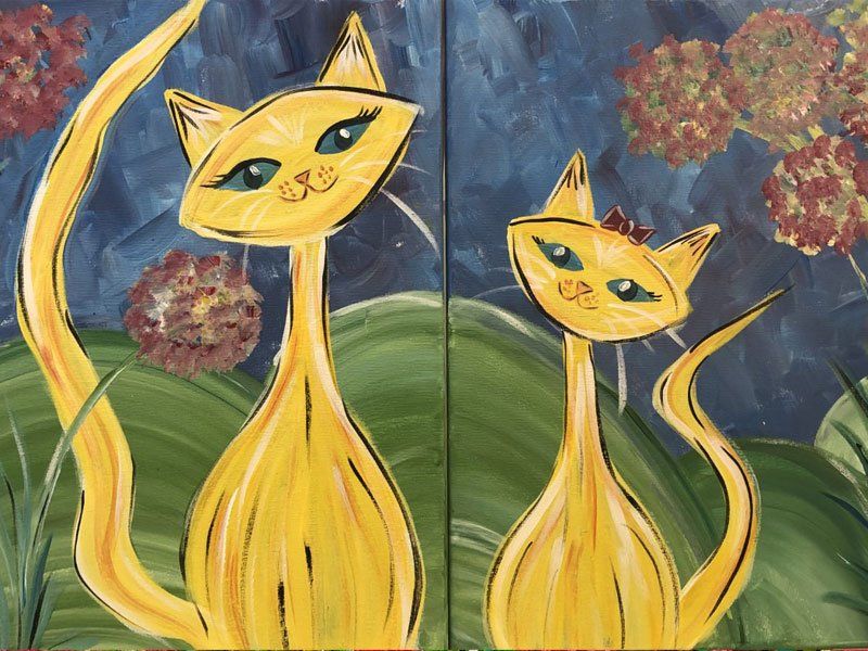 A painting of two yellow cats sitting next to each other