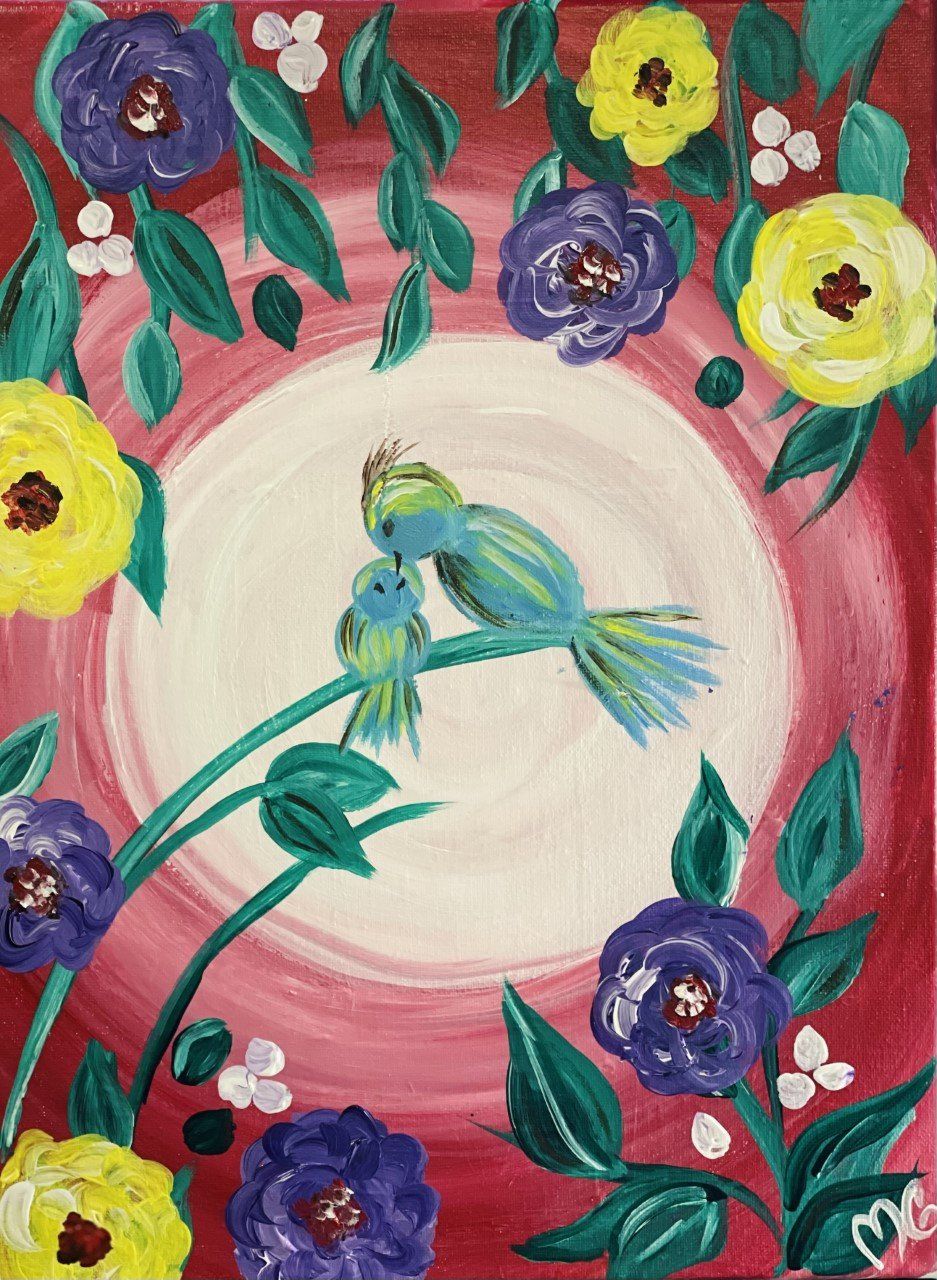 A painting of two birds sitting on a branch surrounded by flowers