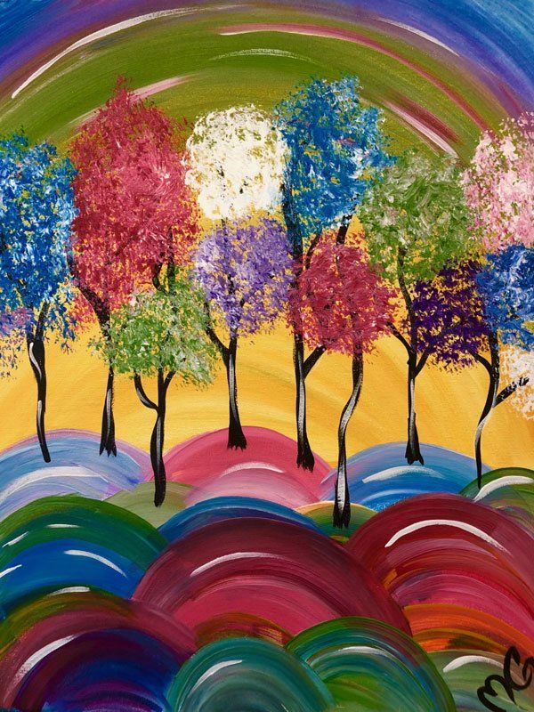 A colorful painting of trees with a rainbow in the background