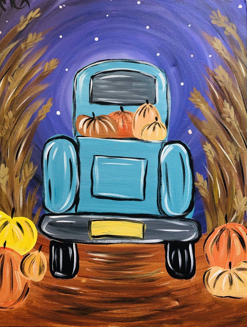 A painting of a blue truck filled with pumpkins in a field.