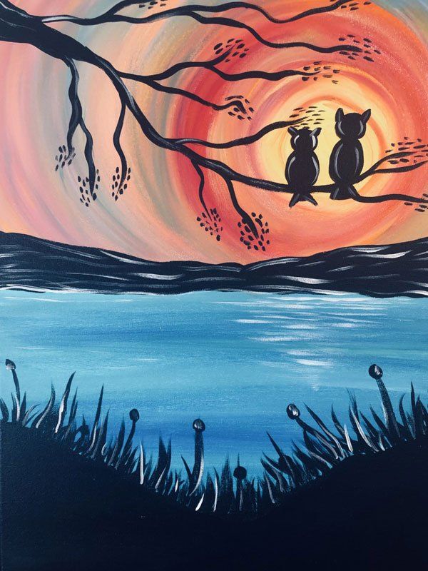 A painting of two owls sitting on a tree branch overlooking a lake