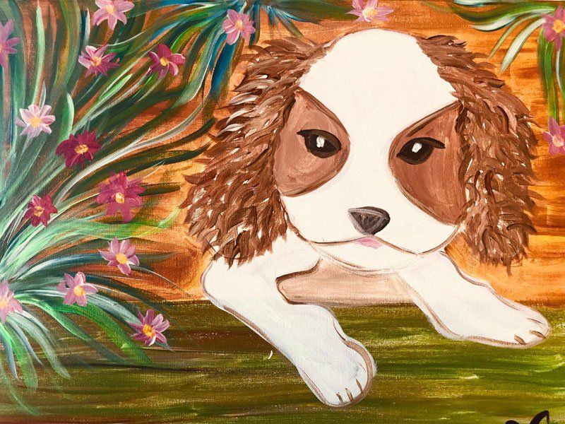 A painting of a brown and white dog with flowers in the background
