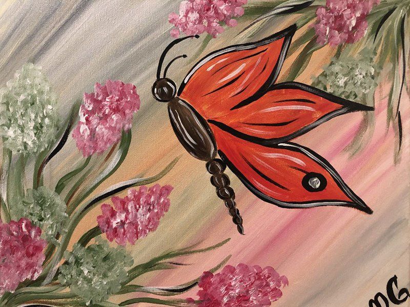 A painting of a red butterfly surrounded by pink flowers