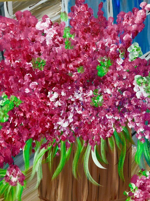 A painting of pink and white flowers in a wooden vase.