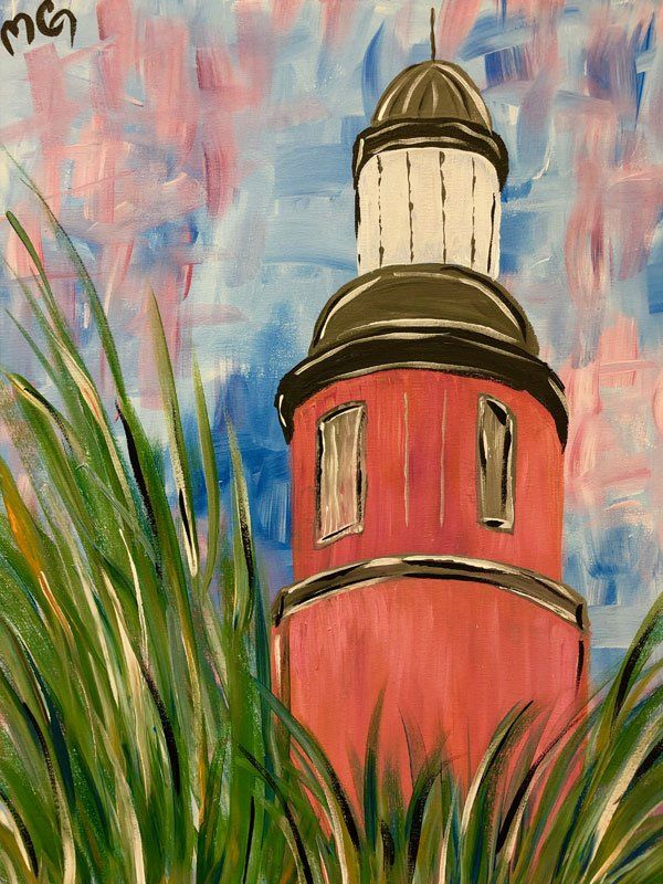 A painting of a lighthouse surrounded by tall grass.