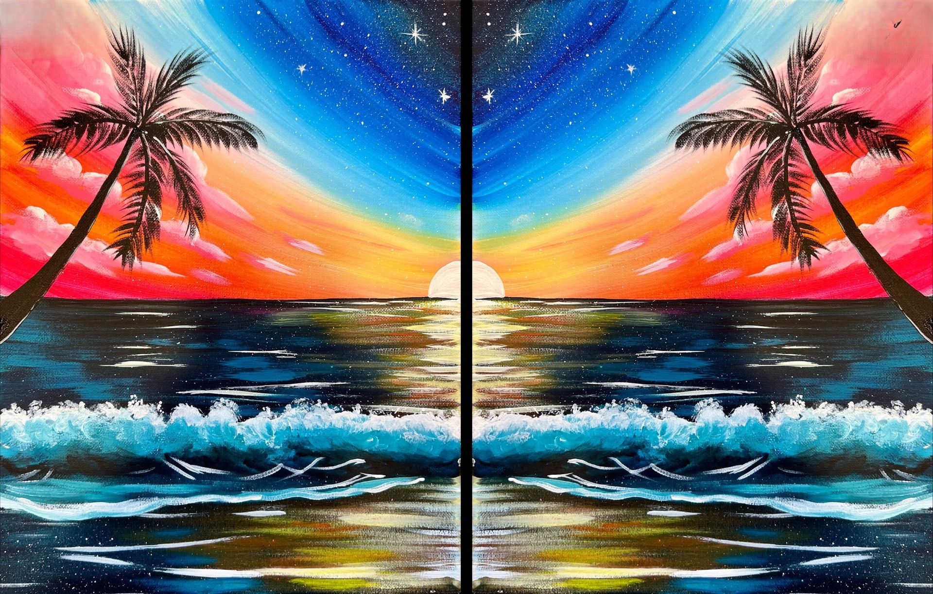 Tropical sunset seascape with palm trees, crashing waves, and vivid pink, orange, blue sky