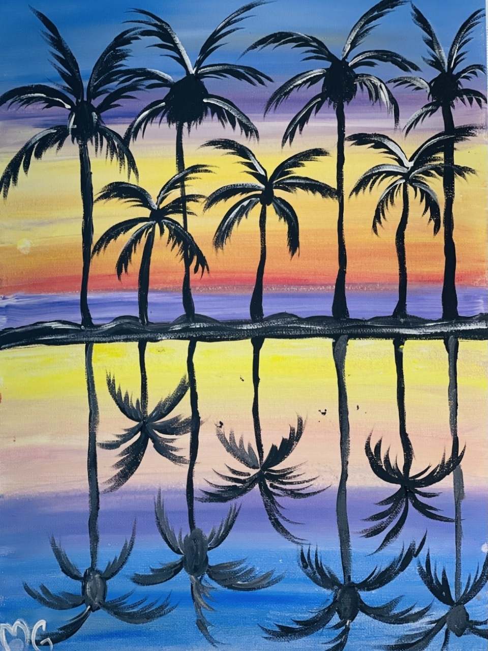 A painting of palm trees reflected in the water at sunset