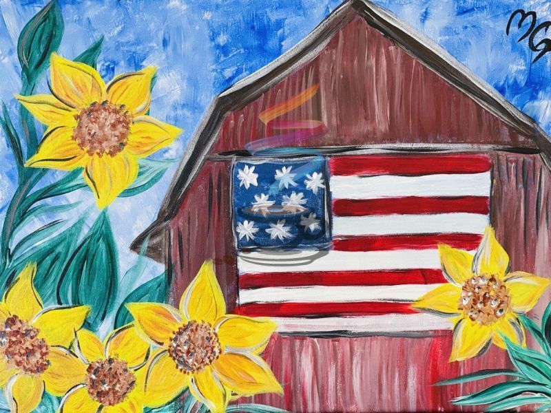 A painting of a barn with an american flag and sunflowers.