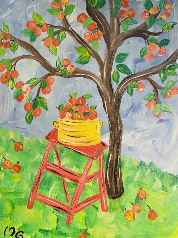 Apple tree with red step stool holding yellow basket of apples; green grass, blue sky.