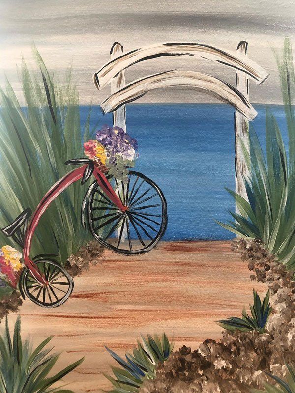 A painting of a bicycle parked on a wooden walkway next to the ocean.