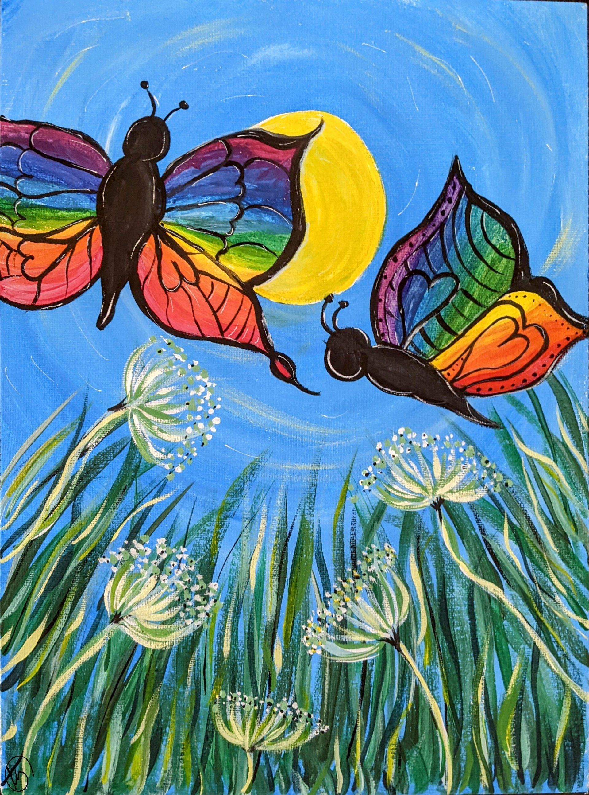A painting of three butterflies flying over a field of dandelions
