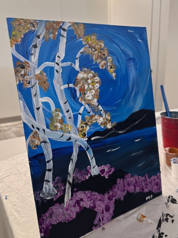 Painting of white birch trees with gold leaves under a blue sky and purple ground.