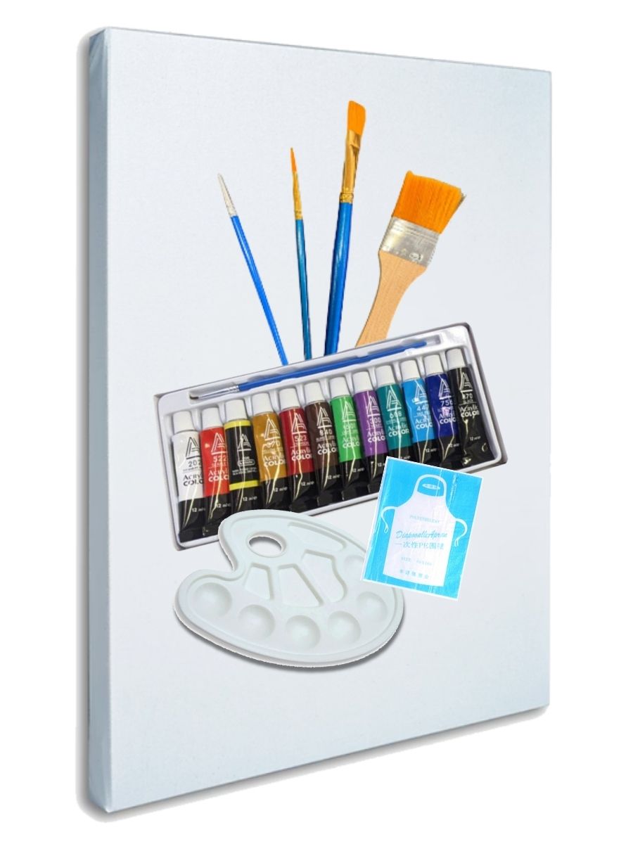 Painting supplies: canvas, brushes, palette, and paint tubes. Includes an apron.