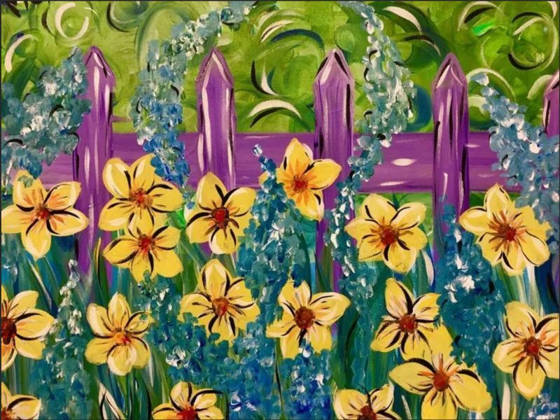 Yellow flowers and purple picket fence against a green leafy background, with blue drips below.