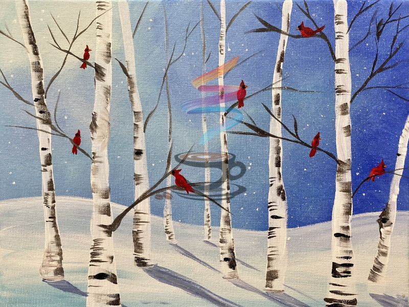 Birch trees in snowy woods with red cardinals against a blue winter sky.
