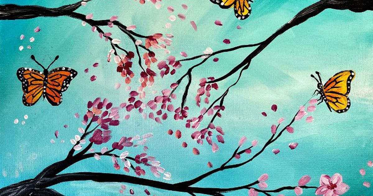 A painting of a tree and butterflies