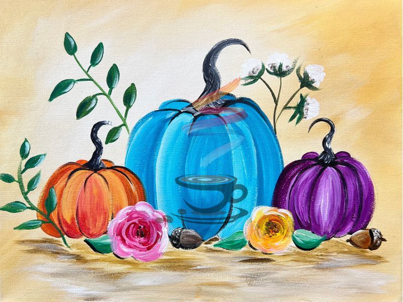 Three pumpkins, blue, orange, and purple, with flowers and leaves on a tan background.