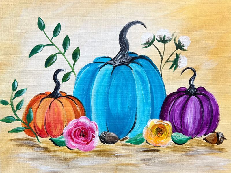Three colorful pumpkins and flowers with foliage on a yellow background.