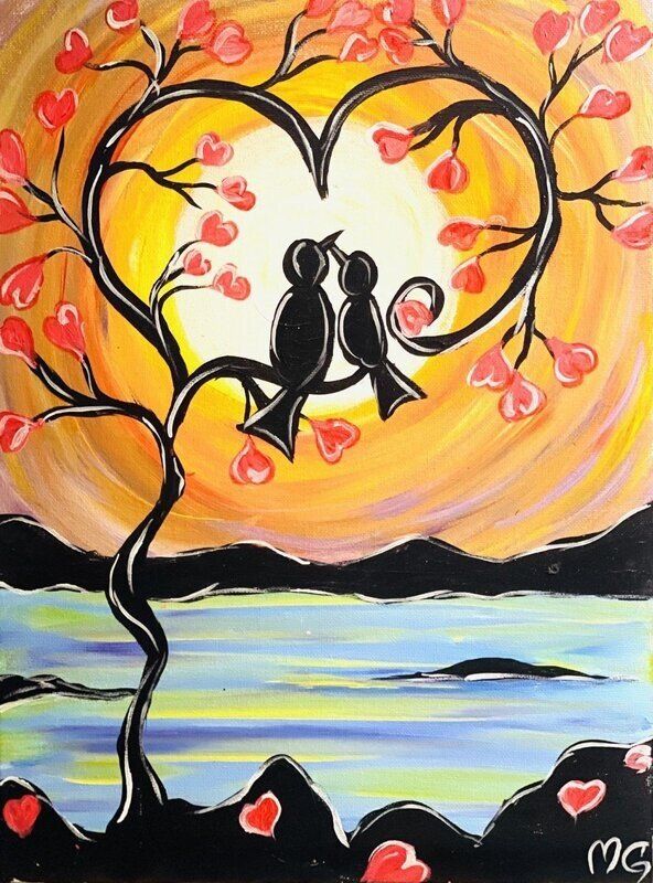 A painting of two birds kissing under a heart shaped tree