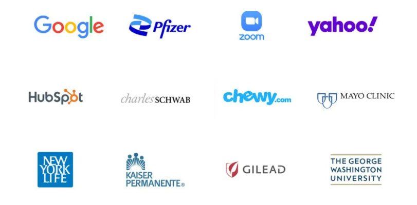 A list of logos including google pfizer yahoo and hubspot