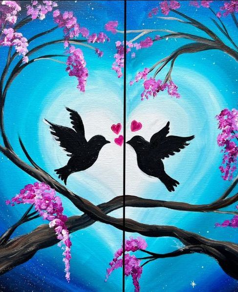 Two black birds facing each other on a tree branch, with pink blossoms and hearts against a blue sky