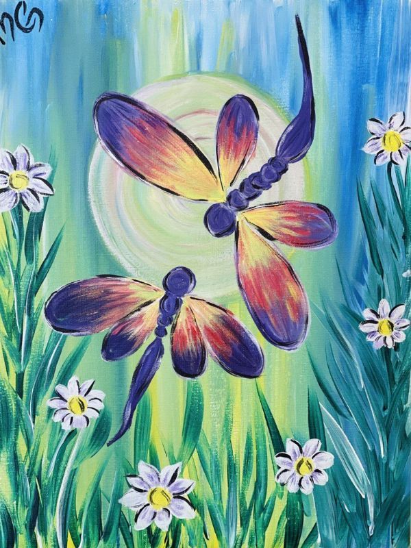 Colorful dragonflies over purple daisies in a blue-green watercolor meadow