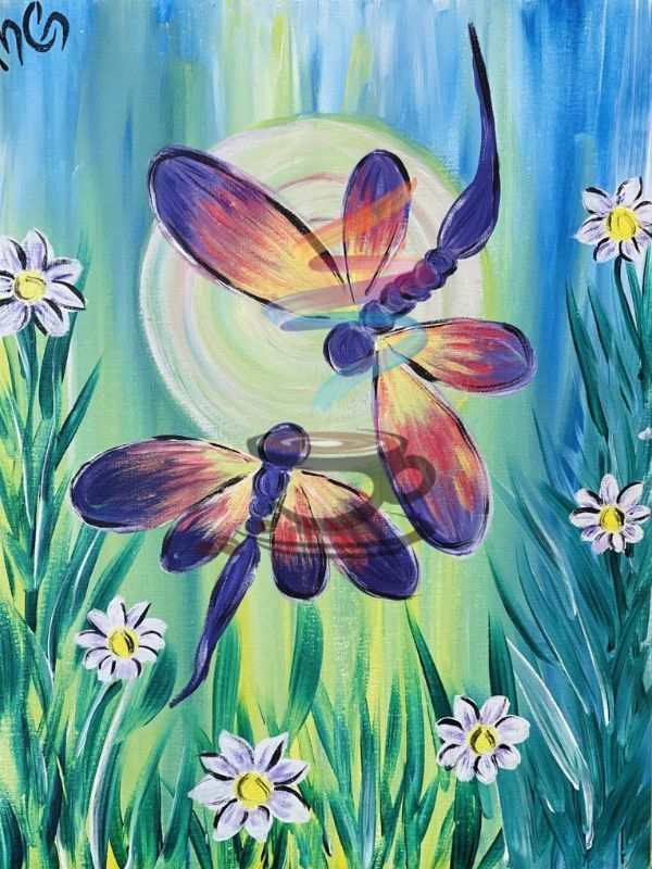 Daisies and Dragonflies acrylic painting