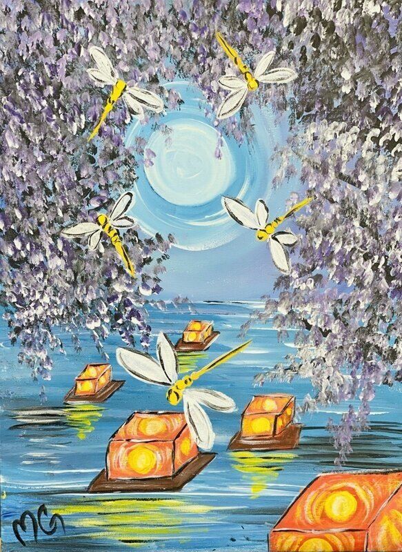 A painting of dragonflies flying over floating lanterns in the water.
