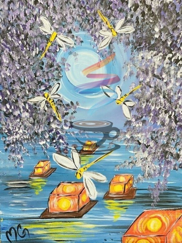 Dragon Flies and Lanterns acrylic painting