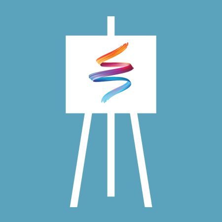 A white easel with a colorful swirl on it on a blue background.