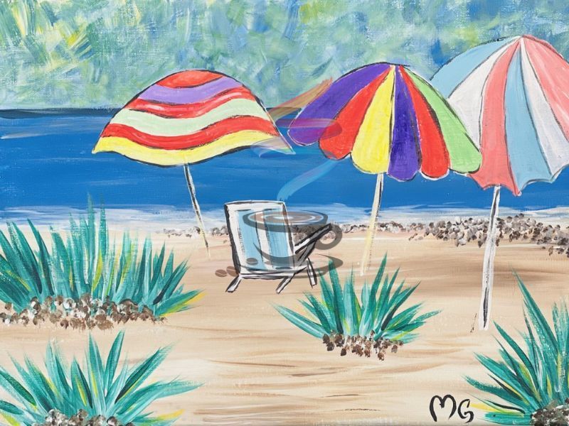 A painting of three colorful umbrellas and a chair on a beach