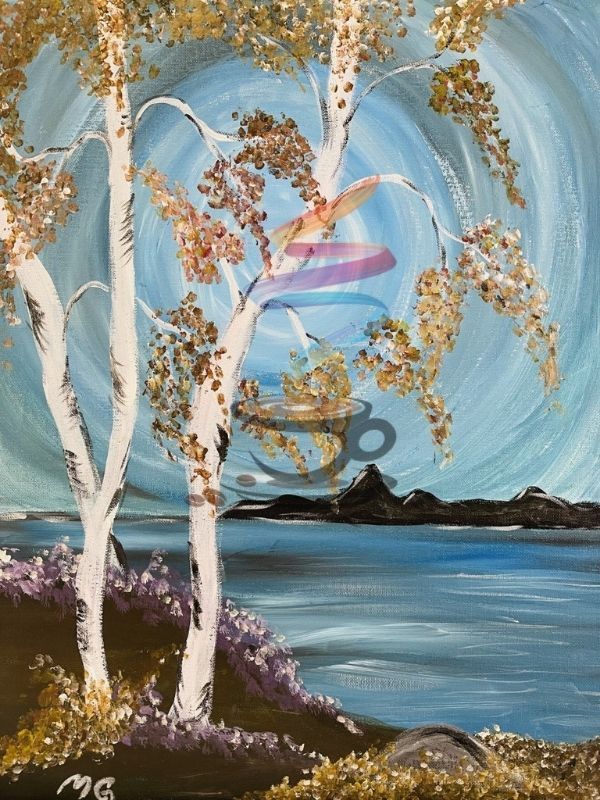 A painting of a lake with trees in the foreground