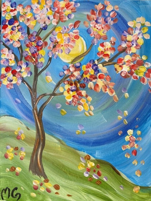 Tree with colorful leaves against a blue sky, moon, and green hill.