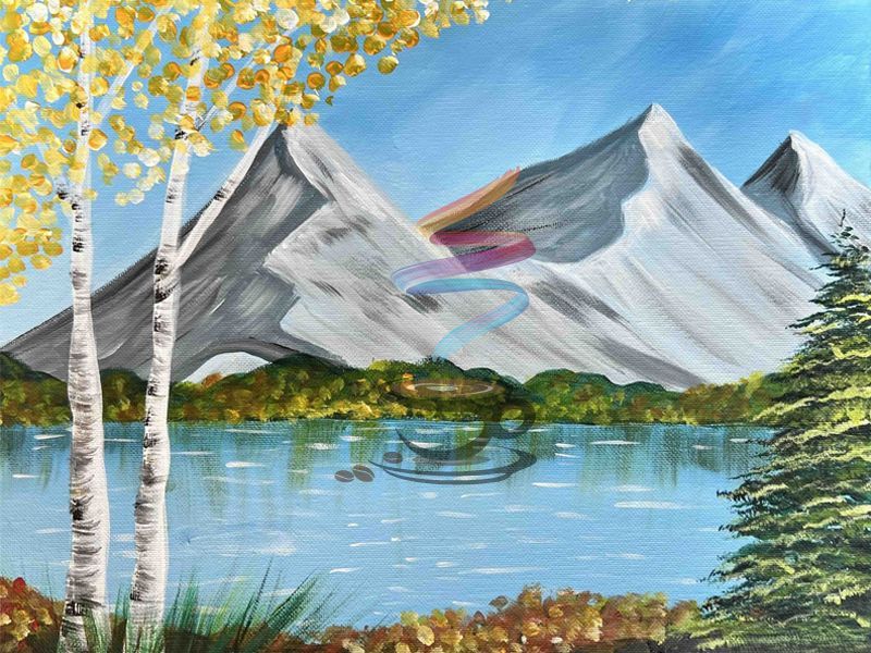 Landscape painting: Snowy mountains over a lake with trees in the foreground.