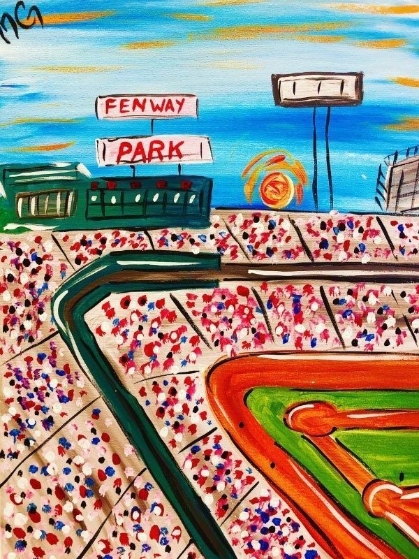 Fenway Park baseball stadium with green field, crowd, and bright signs under a blue sky