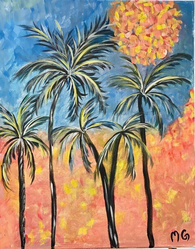 A painting of palm trees with a sun in the background.