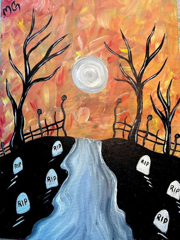 Halloween painting: Graveyard path leading to a moon, with silhouetted trees and a fiery orange sky.