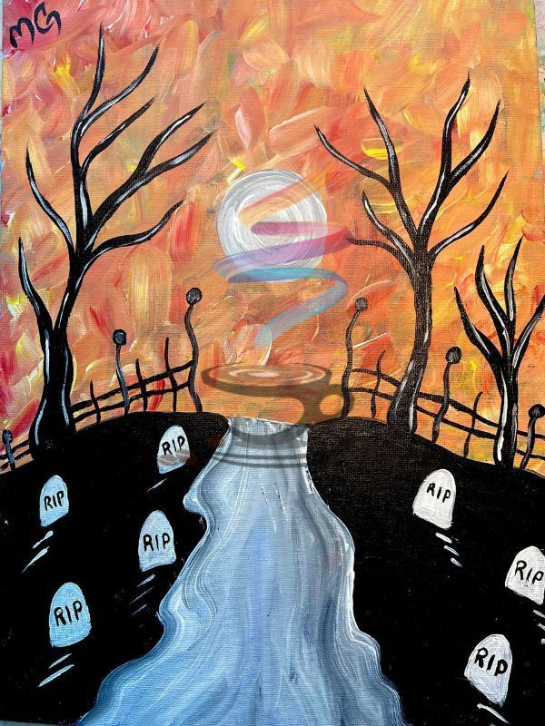 It is a painting of a cemetery with trees and graves.