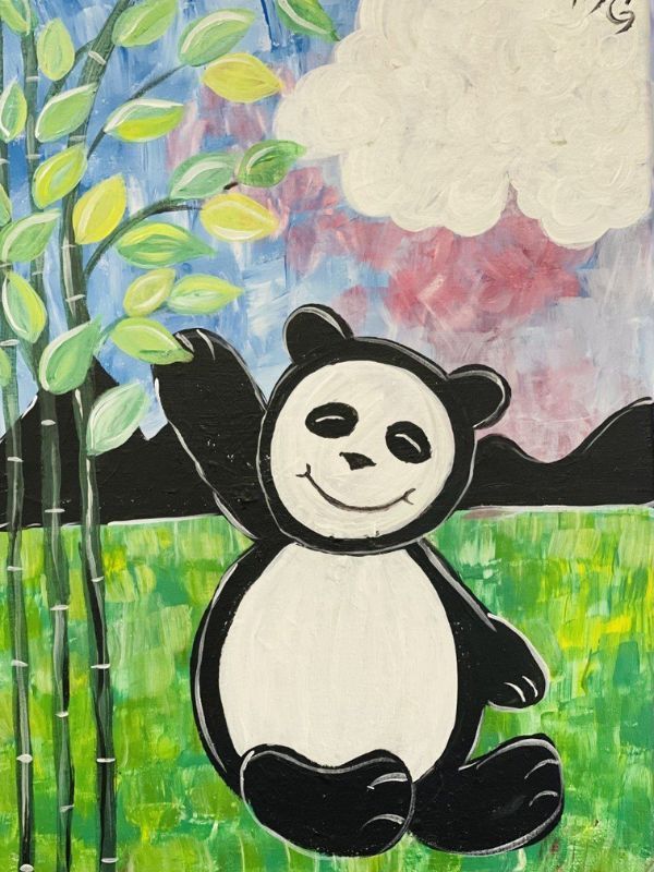 Cartoon panda with arms outstretched, sitting in a colorful painted landscape with leaves and clouds.
