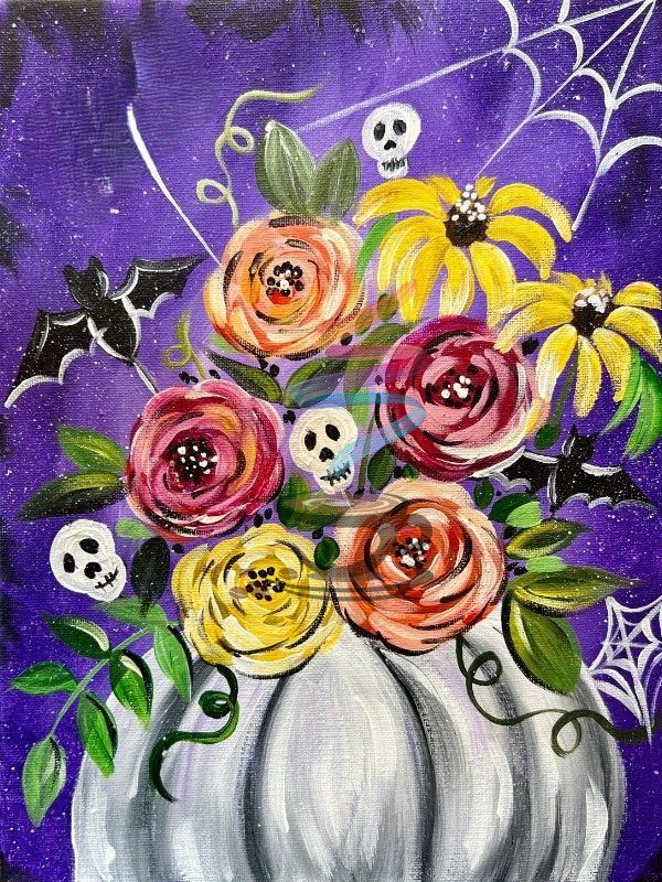 White pumpkin vase with colorful flowers, skulls, bats, and cobwebs against a purple starry background.
