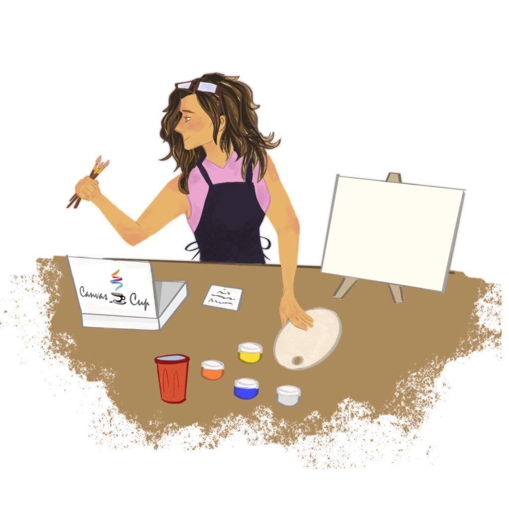 host holding paint brushes