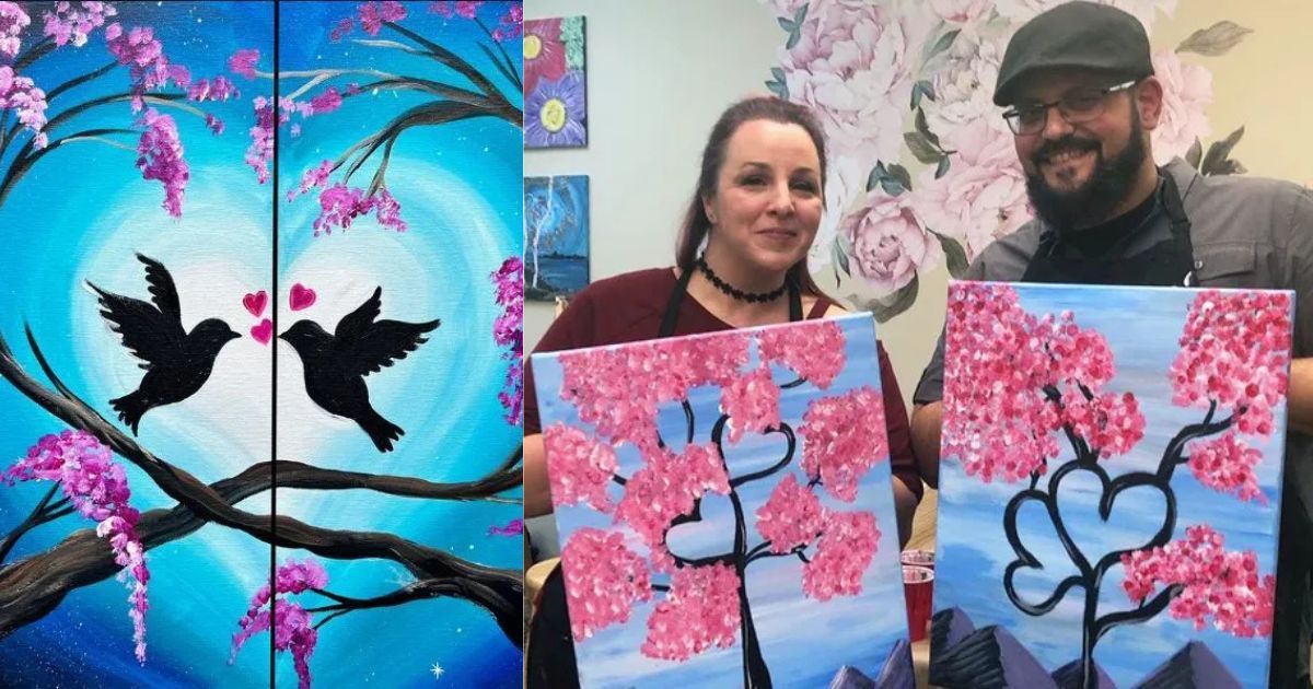 Couple holding paintings of flowering trees with hearts and birds.
