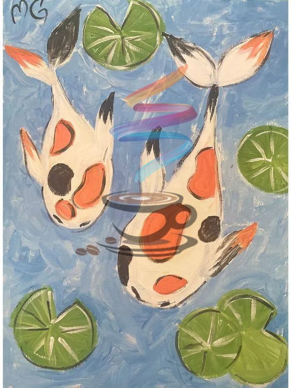 A painting of three fish in a pond with lily pads