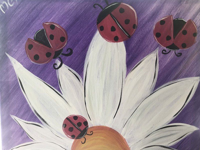 Purple background with a white daisy and three red ladybugs on its petals
